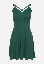 Zielona Rozkloszowana Sukienka z Ozdobnymi Paskami Redaina. Zielone sukienki damskie Born2be, bez wzorów, eleganckie, bez ramiączek. Za 69.99 zł.