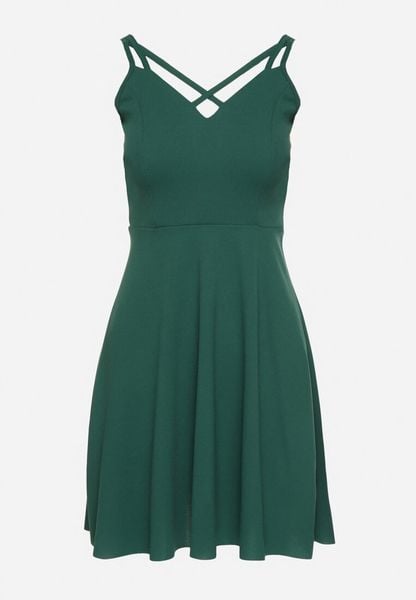 Zielona Rozkloszowana Sukienka z Ozdobnymi Paskami Redaina. Zielone sukienki damskie Born2be, bez wzorów, eleganckie, bez ramiączek. Za 69.99 zł.