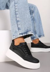 Czarne Casualowe Sneakersy na Płaskiej Podeszwie Ozdobione Paskami Vlivana. Czarne obuwie sportowe damskie Renee, na lato, z jeansu, bez zapięcia. Za 79.99 zł.