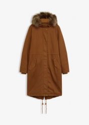 Długa, ocieplana parka. Brązowe parki damskie bonprix, bez kaptura. Za 299.99 zł.