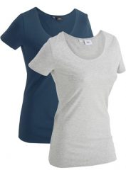 Długi shirt z napisem (2 szt.). Niebieskie koszulki sportowe damskie bonprix, bez wzorów, bez ramiączek. Za 82.99 zł.