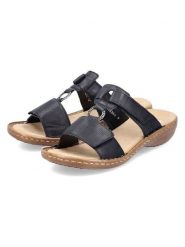 Rieker Klapki w kolorze czarnym rozmiar: 41. Czarne klapki damskie Rieker, bez wzorów, z otwartym noskiem, bez obcasa, na koturnie, bez zapięcia. Za 146.28 zł.