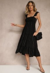 Czarna Rozkloszowana Sukienka z Wiskozy z Metalicznymi Przeszyciami Iffaria. Czarne sukienki damskie Renee, bez wzorów, z jeansu, eleganckie, bez ramiączek. W wyprzedaży za 99.99 zł.