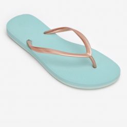 Japonki damskie Olaian 500 Gold Blue. Brązowe klapki damskie OLAIAN, bez wzorów, bez obcasa, bez zapięcia. Za 54.99 zł.