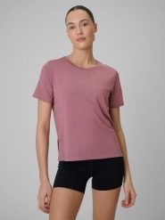 4F Koszulka treningowa loose szybkoschnąca damska - beżowa S. Brązowe koszulki damskie 4F, s, bez wzorów, bez kołnierzyka, bez ramiączek. Za 79.99 zł.