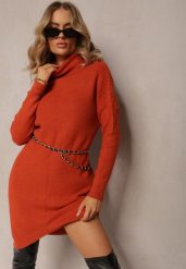 Czerwona Sukienka ze Sweterkowej Dzianiny z Golfem i Wycięciem na Dole Weronitte. Brązowe sukienki damskie Renee, bez wzorów, z dzianiny, klasyczne, bez ramiączek. W wyprzedaży za 63.99 zł.