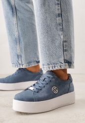 Niebieskie Sneakersy ze Skóry Naturalnej na Grubej Podeszwie z Metaliczną Ozdobą Sabypise. Niebieskie obuwie sportowe damskie Born2be, z jeansu, bez zapięcia. Za 179.99 zł.