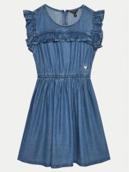 Guess Sukienka jeansowa J4GK02 D5C70 Granatowy Regular Fit. Niebieskie sukienki dziewczęce Guess, z aplikacjami, z jeansu, bez ramiączek, proste. Za 349.99 zł.