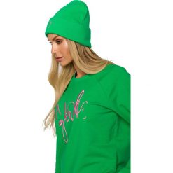 Czapka Beanie z Haftem - Zielona. Zielone czapki damskie MOE, bez wzorów, z bawełny. Za 96.90 zł.
