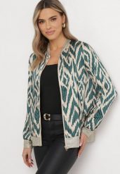 Ciemnozielona Bluza w Stylu Bomberki o Połyskującym Wykończeniu Sivalu. Zielone bluzy damskie Born2be, l, bez wzorów, bez kaptura. Za 109.99 zł.
