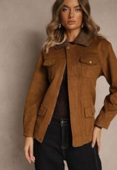 Brązowa Kurtka Koszulowa Barn Jacket z Kieszeniami na Napy Tilusea. Brązowe kurtki damskie Renee, m, bez wzorów, z jeansu, bez kaptura. Za 229.99 zł.
