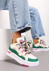 Biało-Zielone Sneakersy na Grubej Podeszwie z Ozdobnymi Sznurówkami Theist. Białe obuwie sportowe damskie Born2be, bez zapięcia, trekkingowe. Za 99.99 zł.