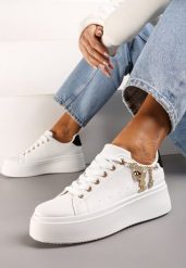 Biało-Czarne Sznurowane Sneakersy z Ekoskóry na Platformie z Łańcuszkiem i Zawieszkami Salvania. Białe obuwie sportowe damskie Renee, z materiału, bez zapięcia. Za 74.99 zł.