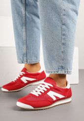 Czerwone Sneakersy Ozdobione Geometrycznym Wzorem Teroti. Czerwone obuwie sportowe damskie Born2be, z jeansu, bez zapięcia. Za 54.99 zł.