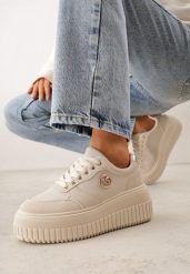 Beżowe Chunky Sneakersy VICES z Aplikacją na Platformie ze Żłobieniami Ilunatesa. Brązowe obuwie sportowe damskie Renee, z jeansu, bez zapięcia. Za 129.99 zł.