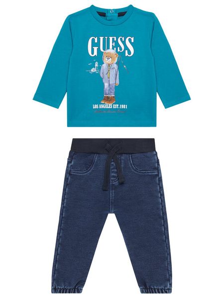 Guess Komplet bluzka i spodnie I5BG13 I3Z14 Niebieski Regular Fit. Niebieskie t-shirty i koszulki chłopięce Guess, z aplikacjami, z bawełny, bez kołnierzyka, bez ramiączek. Za 129.99 zł.