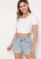 Biały Prążkowany T-shirt z Bawełną Adlesa. Białe t-shirty damskie Born2be, l, bez wzorów, z bawełny, bez kołnierzyka. Za 39.99 zł.