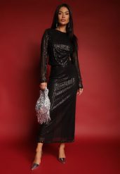 Czarna Koktajlowa Spódnica z Ozdobnym Wycięciem i Cekinami Nalorea. Czarne spódnice damskie Renee, l, bez wzorów, eleganckie, maxi. Za 109.99 zł.