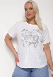 Biały Ażurowy T-shirt z Bawełną Ozdobiony Cyrkoniami Deviana. Białe t-shirty damskie Born2be, l, w ażurowe wzory, z bawełny, bez kołnierzyka. Za 34.99 zł.