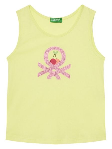 United Colors Of Benetton Top 3I1XGH012 Żółty Regular Fit. Żółte koszulki i t-shirty dziewczęce United Colors Of Benetton, bez wzorów, z bawełny, bez kołnierzyka, bez ramiączek. Za 24.99 zł.