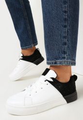 Biało-Czarne Sznurowane Sneakersy na Płaskiej Podeszwie z Ozdobnymi Cyrkoniami Gimena. Białe obuwie sportowe casual damskie Born2be, z materiału, bez zapięcia. Za 59.99 zł.