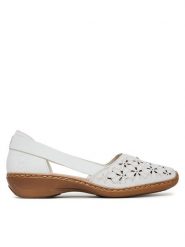 Rieker Półbuty 41356-80 Biały. Białe półbuty damskie Rieker, bez wzorów, ze skóry, bez obcasa, na płaskiej podeszwie, bez zapięcia. Za 179.99 zł.