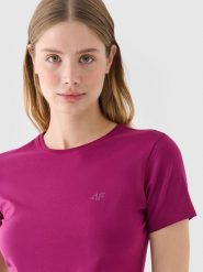 4F T-shirt slim gładki damski - fioletowy S. Fioletowe t-shirty damskie 4F, s, bez wzorów, z bawełny, bez kołnierzyka. W wyprzedaży za 29.99 zł.
