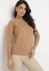 Ciemnobeżowy Sweter z Golfem Ozdobiony Kompozycją z Cyrkonii Ruittes. Brązowe golfy damskie Born2be, s, bez kołnierzyka. Za 54.99 zł.