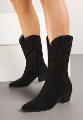 Czarne Botki Kowbojki na Słupku z Ażurową Cholewką Felmira. Czarne botki damskie Renee, z jeansu, eleganckie, bez obcasa, na obcasie, bez zapięcia. Za 159.99 zł.