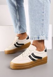 Beżowe Sneakersy na Grubszej Podeszwie z Przeszyciami Erisosa. Brązowe obuwie sportowe damskie Renee, z jeansu, bez zapięcia. Za 89.99 zł.
