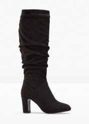 Kozaki z marszczoną cholewką. Czarne kozaki damskie bonprix, ze skóry, bez obcasa, na słupku, bez zapięcia. Za 219.99 zł.