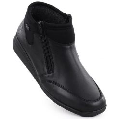 Skórzane wodoodporne botki damskie komfortowe czarne Rieker 47270-00. Czarne botki damskie Rieker, ze skóry, bez obcasa, bez zapięcia. Za 399.00 zł.