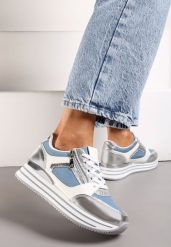 Niebiesko-Srebrne Sneakersy na Platformie Ozdobione Brokatem i Suwakiem Heliaza. Niebieskie obuwie sportowe damskie Born2be, z materiału, bez zapięcia. Za 99.99 zł.