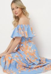 Niebieska Sukienka Hiszpanka o Rozkloszowanym Kroju z Wiązanym Paskiem Sesiniela. Niebieskie sukienki damskie Born2be, bez wzorów, eleganckie, bez ramiączek. Za 89.99 zł.