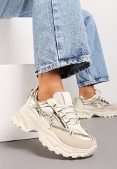 Beżowe Sneakersy z Metalicznymi Wstawkami na Niskiej Platformie z Ozdobnym Sznurkiem Oiriema. Brązowe obuwie sportowe damskie Renee, bez zapięcia. Za 99.99 zł.