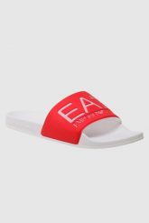 EA7 Koralowo-białe klapki z białym logo. Białe klapki damskie EA7 Emporio Armani, bez wzorów, bez obcasa, bez zapięcia. W wyprzedaży za 138.99 zł.