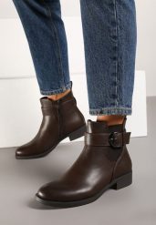 Brązowe Eleganckie Botki Sztyblety z Klamrą Edelith. Brązowe botki damskie Born2be, biznesowe, bez obcasa, na obcasie, bez zapięcia. Za 59.99 zł.