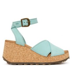 Sandały Fly London. Zielone sandały damskie Fly London, bez wzorów, bez obcasa, na koturnie, bez zapięcia. Za 716.99 zł.