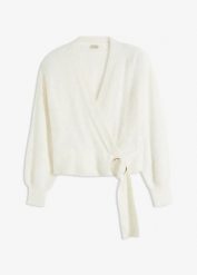 Sweter kopertowy z ozdobnym elementem. Białe swetry klasyczne damskie bonprix, bez kołnierzyka. Za 149.99 zł.