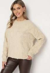 Beżowy Sweter o Luźnym Kroju i Wzorzystym Splocie ze Ściągaczami Elondrae. Brązowe swetry klasyczne damskie Born2be, uniwersalny, z bawełny, bez kołnierzyka. Za 149.99 zł.