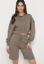 Zielony Komplet Dresowy z Bluzą z Krótkimi Rękawami i Szortami Helgia. Zielone bluzy damskie Born2be, m, bez wzorów, z dresówki, z kapturem. Za 139.99 zł.