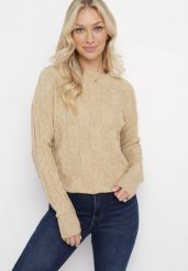 Beżowy Sweter o Warkoczowym Splocie z Okrągłym Dekoltem Selinera. Brązowe swetry klasyczne damskie Born2be, z dzianiny, bez kołnierzyka. Za 89.99 zł.