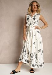 Biała Sukienka Bez Rękawów z Koszulową Górą Ozdobiona Haftem Mepiora. Białe sukienki damskie Renee, bez wzorów, eleganckie, bez ramiączek. W wyprzedaży za 127.99 zł.