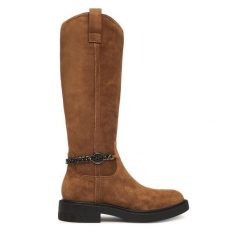 Kozaki Guess. Brązowe kozaki damskie Guess, bez obcasa, na płaskiej podeszwie, bez zapięcia. Za 809.99 zł.