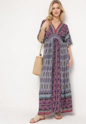 Fioletowa Boho Sukienka z Szerokimi Rękawami z Gumką w Pasie i Wiązaniem na Plecach Piomina. Fioletowe sukienki damskie Born2be, z aplikacjami, boho, bez ramiączek. Za 99.99 zł.