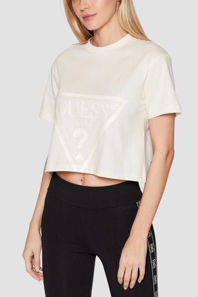 GUESS Kremowy bawełniany t-shirt damski Adele Crop, Rozmiar L. Brązowe t-shirty damskie Guess, l, z aplikacjami, z bawełny, bez kołnierzyka. W wyprzedaży za 65.99 zł.