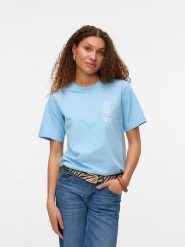 Vero Moda Koszulka w kolorze błękitnym rozmiar: L. Niebieskie bluzki damskie Vero Moda, l, bez wzorów, z bawełny, bez kołnierzyka, bez ramiączek. Za 72.45 zł.