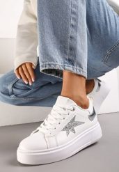 Białe Sznurowane Sneakersy na Niskiej Platformie z Brokatowymi Wstawkami Cominia. Białe obuwie sportowe damskie Renee, przed kostkę, bez zapięcia. Za 74.99 zł.