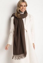 Ciemnobrązowy Szalik z Bawełną i Wiskozą Ozdobiony Frędzlami Siadortia. Brązowe szaliki damskie Born2be, bez wzorów, z bawełny. Za 49.99 zł.