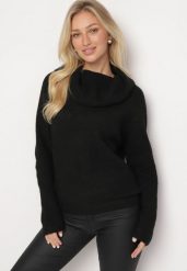 Czarny Golf z Domieszką Wełny i Szerokim Kołnierzem Pativra. Czarne golfy damskie Born2be, bez wzorów, z jeansu, bez ramiączek. Za 149.99 zł.